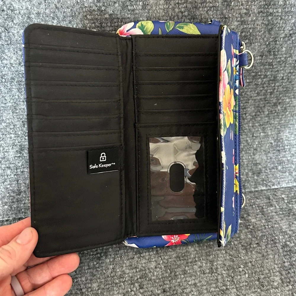 Safe Keeper Floral RFID Organizer Wallet Crossbody Wristlet Navy Blue Multi